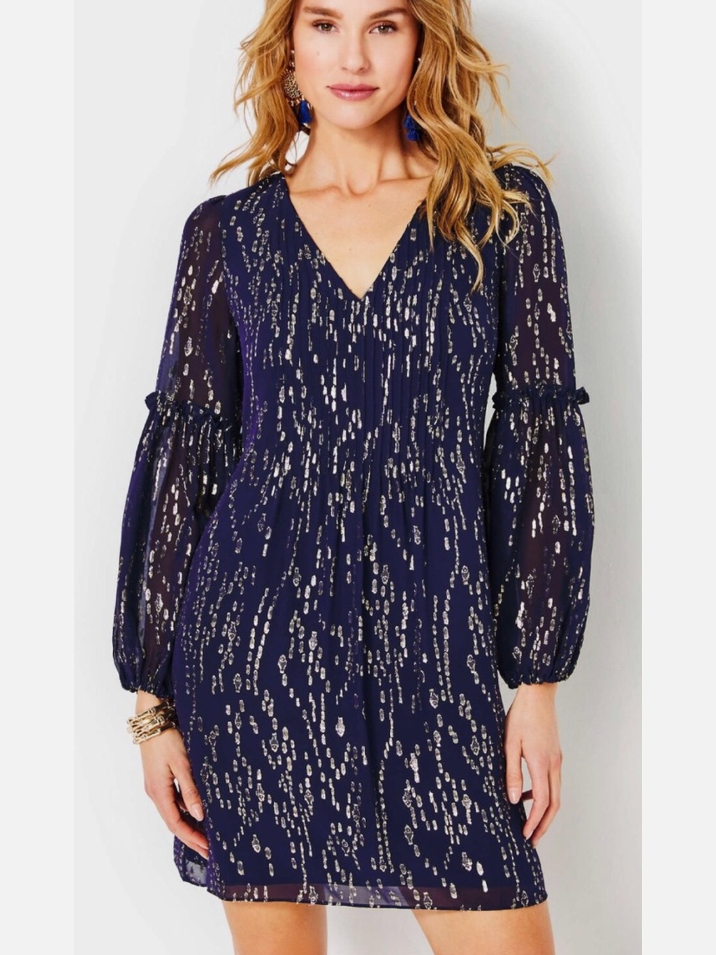 Lilly Pulitzer Cleme Long Sleeve Silk True Navy Fish Clip Chiffon Dress 12